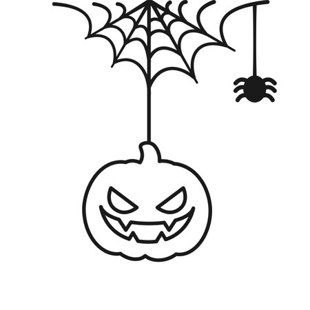 Jack O Lantern Evil Pumpkin Hanging on a Spider Web Line Art Doodle, Happy Halloween Spooky Ornaments Decoration Vector illustrationのイラスト素材