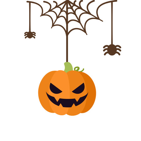 Jack O Lantern Evil Pumpkin Hanging on a Spider Web, Happy Halloween Spooky Ornaments Decoration Vector illustrationのイラスト素材