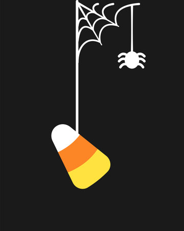 Candy Corn Hanging on a Spider Web, Happy Halloween Trick or Treat Spooky Ornaments Decoration Vector illustrationのイラスト素材