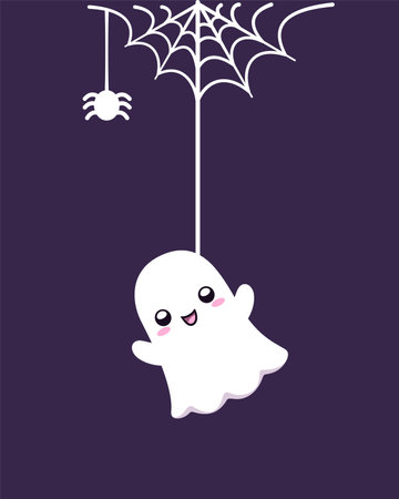 Cute Ghost Hanging on a Spider Web Cartoon, Happy Halloween Spooky Ornaments Decoration Vector illustrationのイラスト素材