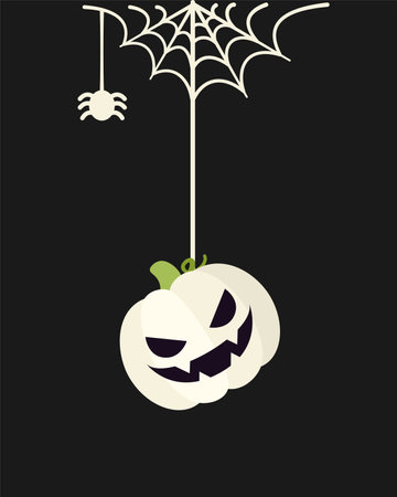 Jack O Lantern Evil Pumpkin Hanging on a Spider Web, Happy Halloween Spooky Ornaments Decoration Vector illustrationのイラスト素材
