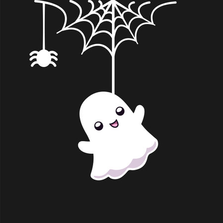 Cute Ghost Hanging on a Spider Web Cartoon, Happy Halloween Spooky Ornaments Decoration Vector illustrationのイラスト素材