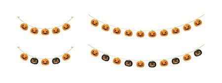 Cute Jack O Lantern Evil Pumpkin Garland Set for Halloween. Simple banner hanging party classy decor vector element.のイラスト素材