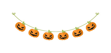 Cute Jack O Lantern Evil Pumpkin Garland for Halloween. Simple banner hanging party classy decor vector element.のイラスト素材