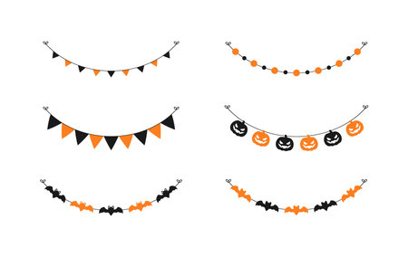 Cute Halloween Garland Bunting Set with Jack O Lantern, Pumpkins and Bats. Simple banner hanging party classy decor vector element.のイラスト素材