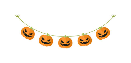 Cute Jack O Lantern Evil Pumpkin Garland for Halloween. Simple banner hanging party classy decor vector element.のイラスト素材