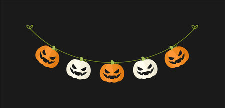 Cute Jack O Lantern Evil Pumpkin Garland for Halloween. Simple banner hanging party classy decor vector element.のイラスト素材