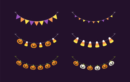 Cute Halloween Bunting Garland Set with Jack O Lantern, Pumpkin and Candy Corn. Simple trick or treat banner hanging party decor vector element.のイラスト素材