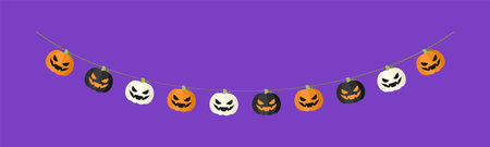 Cute Jack O Lantern Evil Pumpkin Garland for Halloween. Simple banner hanging party classy decor vector element.のイラスト素材