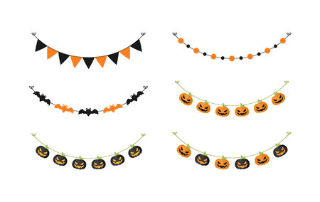 Cute Halloween Garland Bunting Set with Jack O Lantern, Pumpkins and Bats. Simple banner hanging party classy decor vector element.のイラスト素材