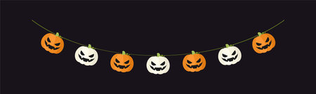 Cute Jack O Lantern Evil Pumpkin Garland for Halloween. Simple banner hanging party classy decor vector element.のイラスト素材