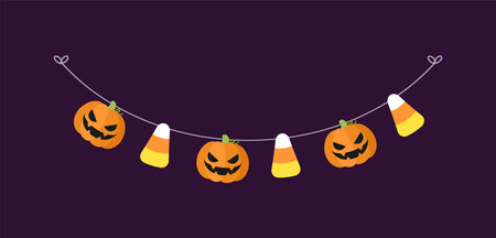 Cute Jack O Lantern Evil Pumpkin and Candy Corn Garland for Halloween. Simple trick or treat banner hanging party decor vector element.のイラスト素材