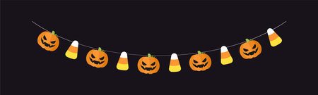 Cute Jack O Lantern Evil Pumpkin and Candy Corn Garland for Halloween. Simple trick or treat banner hanging party decor vector element.のイラスト素材