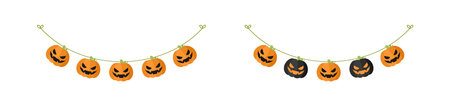 Cute Jack O Lantern Evil Pumpkin Garland Set for Halloween. Simple banner hanging party classy decor vector element.のイラスト素材