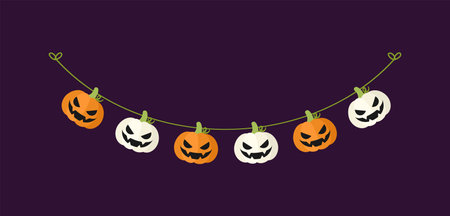 Cute Jack O Lantern Evil Pumpkin Garland for Halloween. Simple banner hanging party classy decor vector element.のイラスト素材