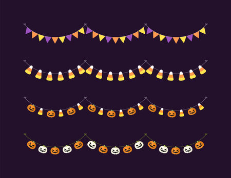 Cute Halloween Bunting Garland Set with Jack O Lantern, Pumpkin and Candy Corn. Simple trick or treat banner hanging party decor vector element.のイラスト素材
