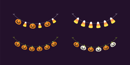 Cute Jack O Lantern Pumpkin and Candy Corn Garland Set for Halloween. Simple trick or treat banner hanging party decor vector element.のイラスト素材