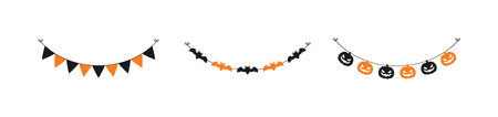 Cute Halloween Garland Bunting Set with Jack O Lantern, Pumpkins and Bats. Simple banner hanging party classy decor vector element.のイラスト素材