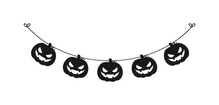 Cute Jack O Lantern Evil Pumpkin Garland Silhouette for Halloween. Simple banner hanging party classy decor vector element.のイラスト素材