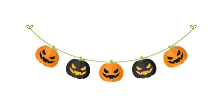 Cute Jack O Lantern Evil Pumpkin Garland for Halloween. Simple banner hanging party classy decor vector element.のイラスト素材