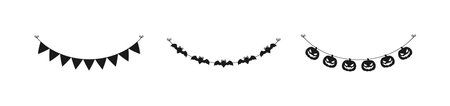 Cute Halloween Garland Bunting Silhouette Set with Jack O Lantern, Pumpkins and Bats. Simple banner hanging party classy decor vector element.のイラスト素材