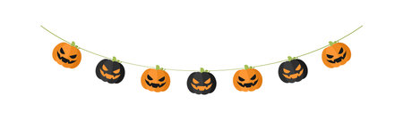 Cute Jack O Lantern Evil Pumpkin Garland for Halloween. Simple banner hanging party classy decor vector element.のイラスト素材