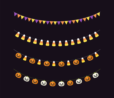 Cute Halloween Bunting Garland Set with Jack O Lantern, Pumpkin and Candy Corn. Simple trick or treat banner hanging party decor vector element.のイラスト素材