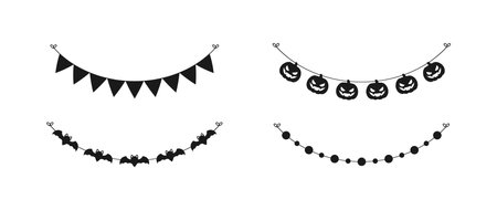 Cute Halloween Garland Bunting Silhouette Set with Jack O Lantern, Pumpkins and Bats. Simple banner hanging party classy decor vector element.のイラスト素材