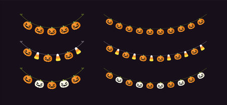 Cute Jack O Lantern Pumpkin and Candy Corn Garland Set for Halloween. Simple trick or treat banner hanging party decor vector element.のイラスト素材