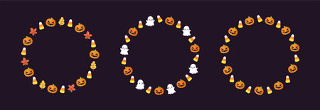 Round Halloween frame border design with cartoon ghost, jack o lantern, pumpkins, candy corn set. Cute Halloween card template collection. Vector illustrations.のイラスト素材