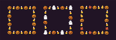 Cute Halloween card template collection. Square Halloween frame border design with cartoon ghost, jack o lantern, pumpkins, candy corn set. Social media banner post vector illustration.のイラスト素材