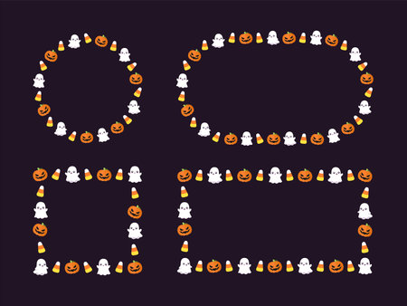 Halloween frame border with cartoon ghost, jack o lantern, pumpkins, candy corn set. Cute Halloween card template collection. Vector illustrations.のイラスト素材