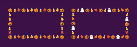 Cute Rectangle Halloween frame template set. Rectangular Halloween border with cartoon ghost, jack o lantern, pumpkins, candy corn. Social media banner vector illustrationのイラスト素材