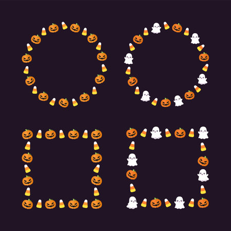 Round and square Halloween frame border with cartoon ghost, jack o lantern, pumpkins, candy corn set. Cute Halloween card template collection. Vector illustrations.のイラスト素材