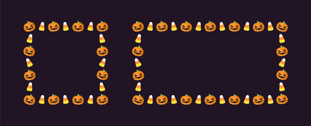 Cute Square and Rectangle Halloween frame template set. Halloween border with jack o lantern, pumpkins, candy corn. Social media banner vector illustration collectionのイラスト素材