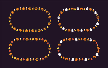 Cute Halloween frame template set. Oval Halloween border design with cartoon ghost, jack o lantern, pumpkins, candy corn. Social media banner vector illustrationのイラスト素材