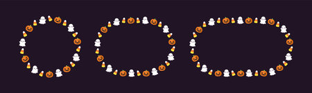 Round Halloween frame border design with cartoon ghost, jack o lantern, pumpkins, candy corn set. Cute Halloween card template collection. Vector illustrations.のイラスト素材