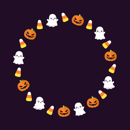 Round Halloween frame border design with cartoon ghost, jack o lantern, pumpkins, candy corn. Cute Halloween card doodles. Vector Halloween illustrationsのイラスト素材