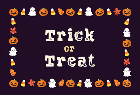 Cute Trick or Treat Halloween card frame template. Rectangle Halloween border design with cartoon ghost, jack o lantern, pumpkins, candy corn. Social media banner vector illustrationのイラスト素材
