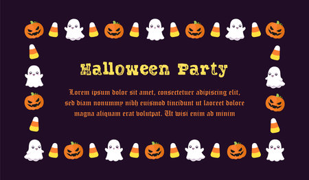 Cute Halloween party invitation frame template. Rectangle Halloween border design with cartoon ghost, jack o lantern, pumpkins, candy corn. Social media banner vector illustrationのイラスト素材