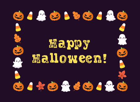 Cute Halloween card frame template. Rectangle Halloween border design with cartoon ghost, jack o lantern, pumpkins, candy corn. Social media banner vector illustrationのイラスト素材