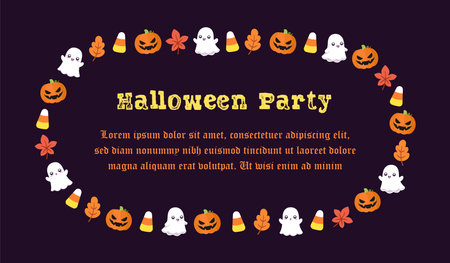 Cute Halloween Party invitation template. Oval Halloween frame border design with cartoon ghost, jack o lantern, pumpkins, candy corn. Social media banner vector illustrationのイラスト素材