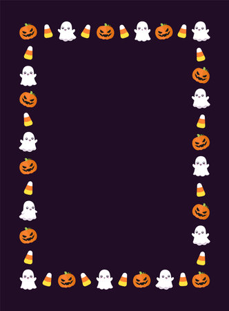Cute Vertical Rectangle Halloween Frame Template. Rectangular Halloween border with cartoon ghost, jack o lantern, pumpkins, candy corn. Social media banner vector illustrationのイラスト素材