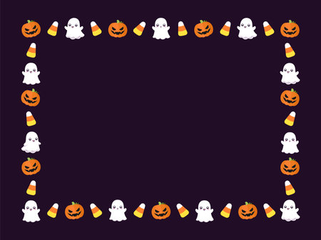 Cute Rectangle Halloween frame template. Rectangular Halloween border with cartoon ghost, jack o lantern, pumpkins, candy corn. Social media banner vector illustrationのイラスト素材