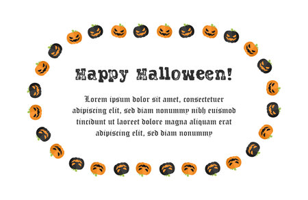 Oval Jack O Lantern Halloween Frame Border. Happy Halloween Text. Social Media Post Card Template Vector Illustration.のイラスト素材