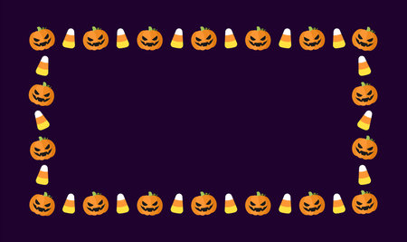 Cute Halloween card template. Rectangle Halloween frame border design with jack o lantern, pumpkins, candy corn. Social media banner post vector illustration.のイラスト素材