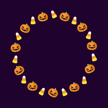 Round Halloween frame border design with cartoon ghost, jack o lantern, pumpkins, candy corn. Cute Halloween card doodles. Vector Halloween illustrationsのイラスト素材