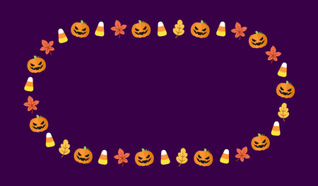 Cute Halloween frame template. Oval Halloween border design with jack o lantern, pumpkins, candy corn. Social media banner vector illustrationのイラスト素材