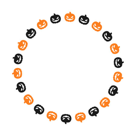 Round Jack O Lantern Pumpkin Halloween Frame Border Silhouette. Social Media Post Card Template Vector Illustration.のイラスト素材