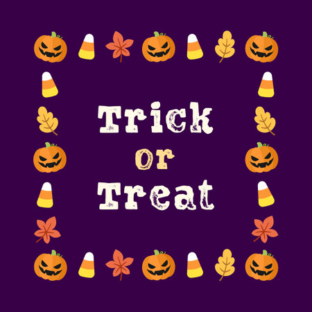 Trick or Treat. Cute Halloween Card Template. Square Halloween frame border with cartoon jack o lantern, pumpkins, candy corn. Social media post vector illustration.のイラスト素材